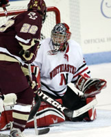 Thiessen protecting the net in the 4-3 win over #1 ranked BC
